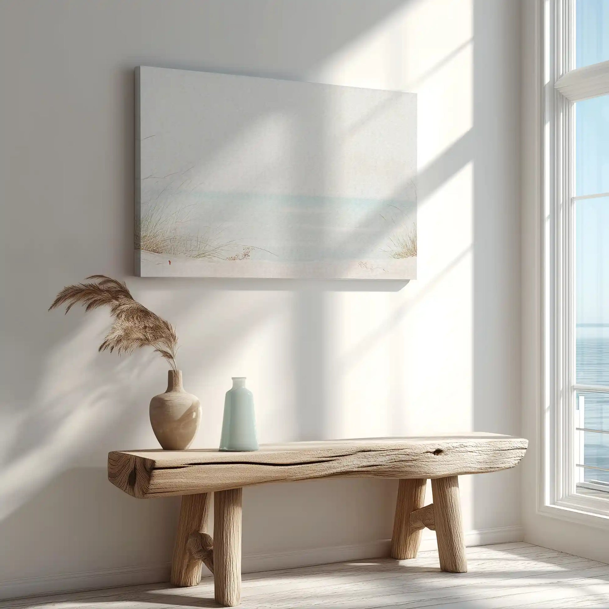 Coastal wall art on canvas with pale blue ocean horizon and neutral shoreline design