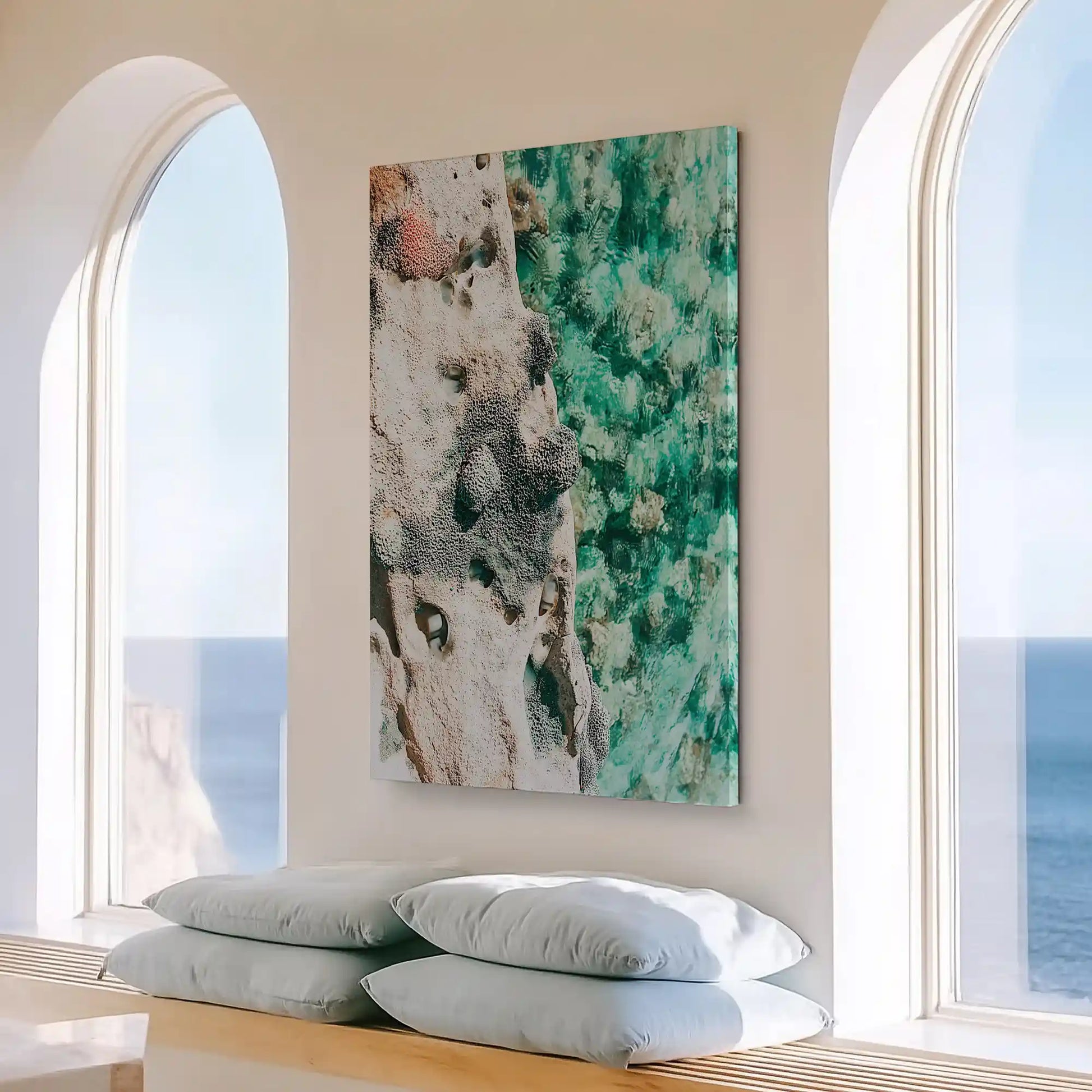Large vertical coastal rock painting perfect for brightening modern living room walls