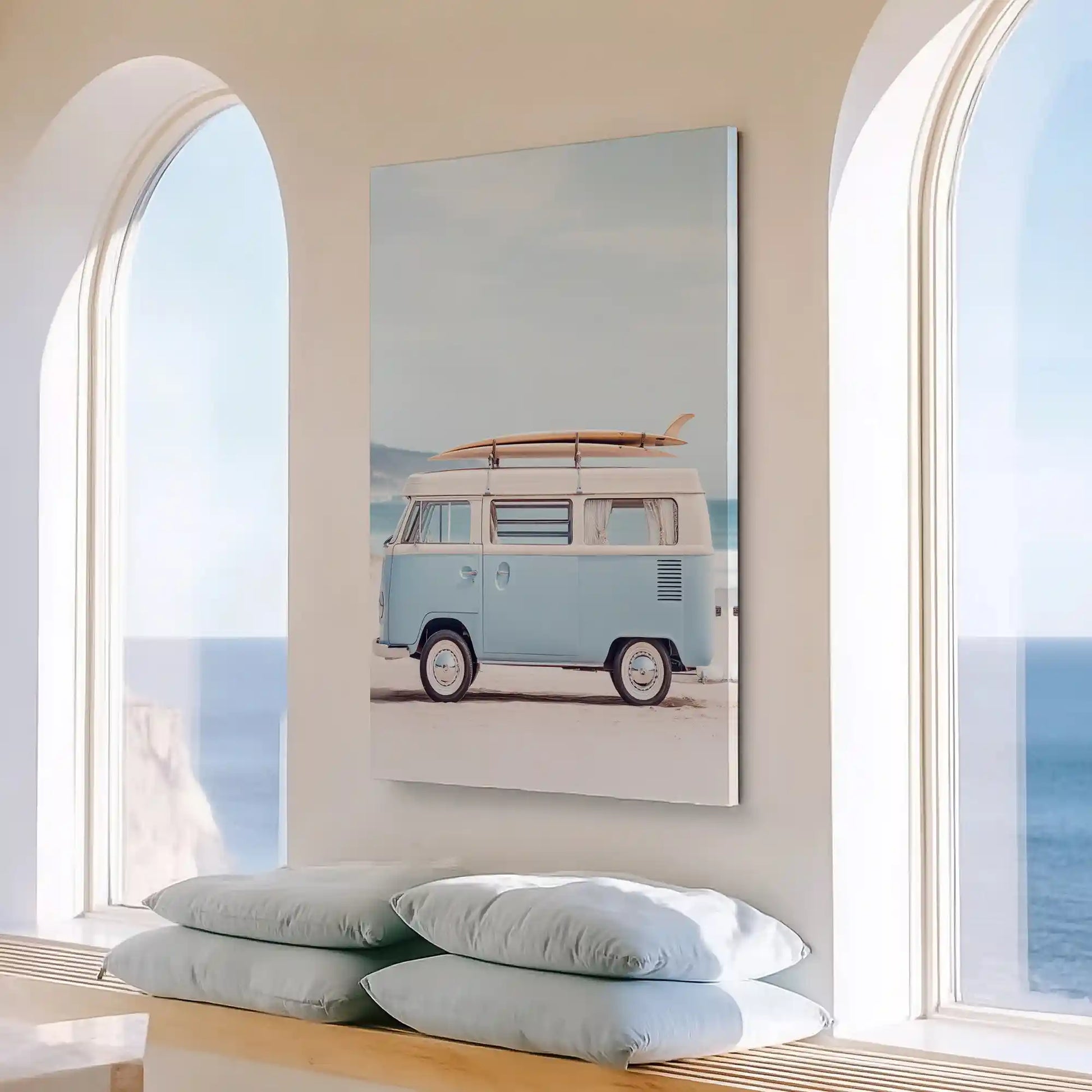Large vertical retro van painting perfect for enhancing bright contemporary living room walls