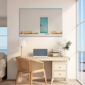 Rustic Mediterranean canvas wall art featuring stone details and vibrant turquoise door