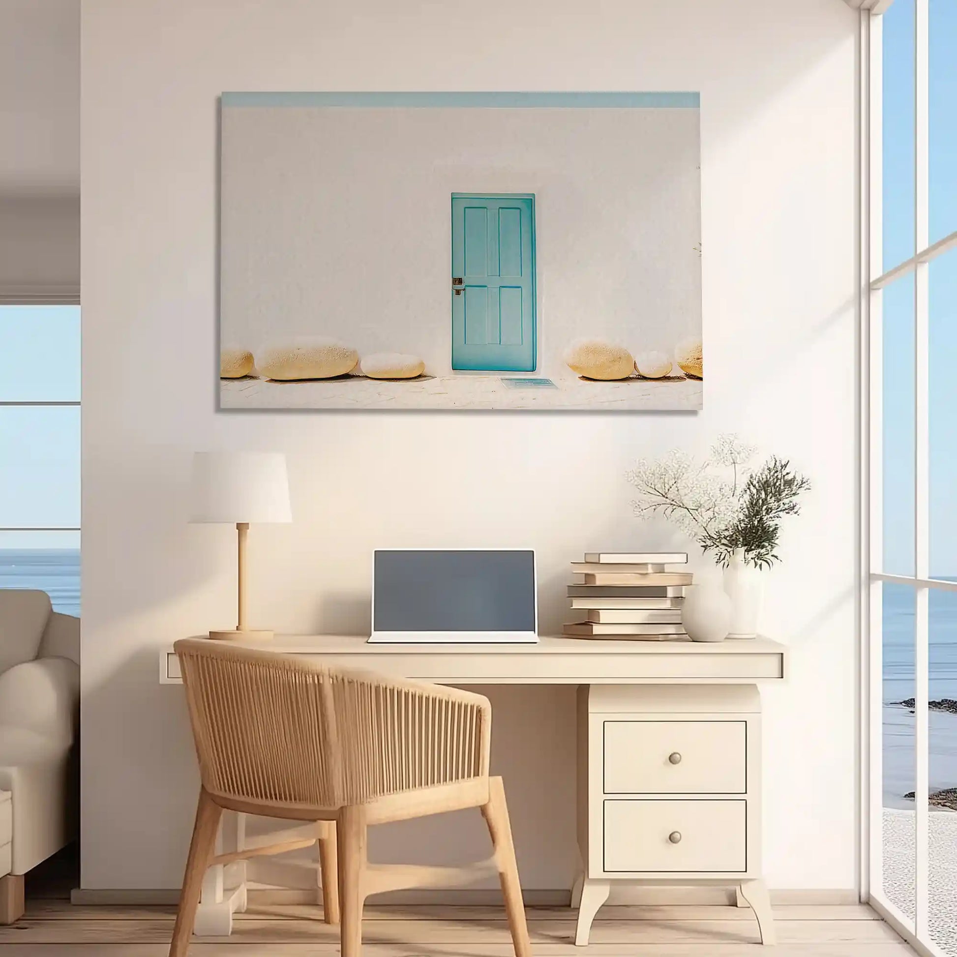 Rustic Mediterranean canvas wall art featuring stone details and vibrant turquoise door