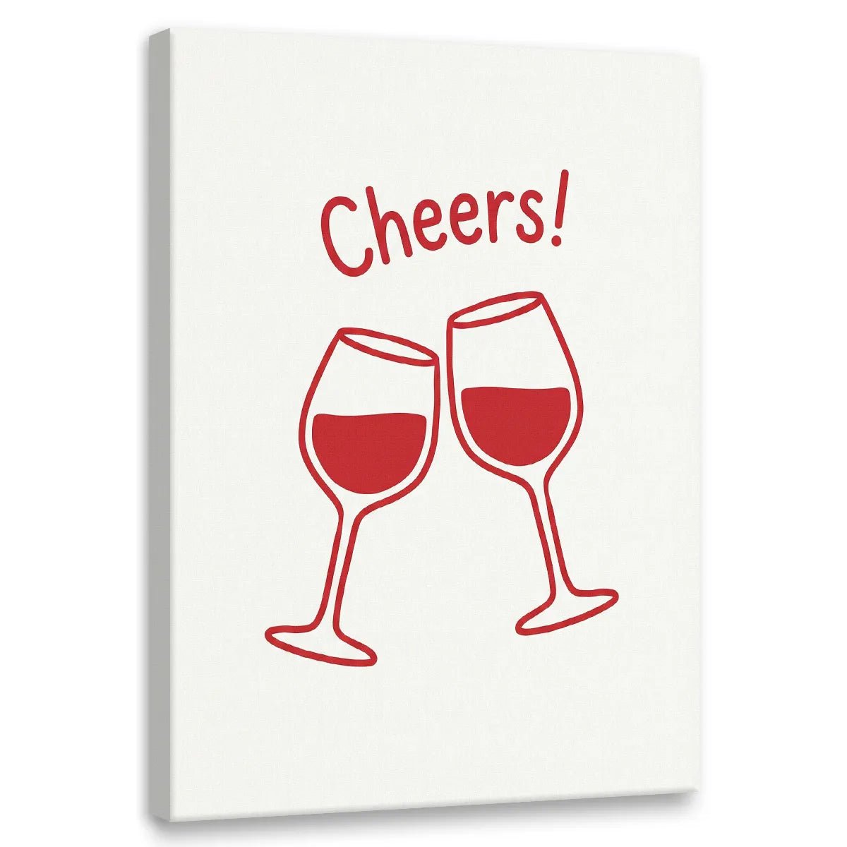 Minimalist canvas wall art featuring two red wine glasses clinking under the word 'Cheers!' in bold red text on white background