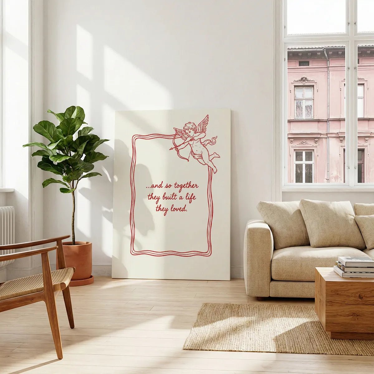 Vertical canvas art displaying a simple cupid figure and loving text, designed in a monochromatic red and off-white scheme.