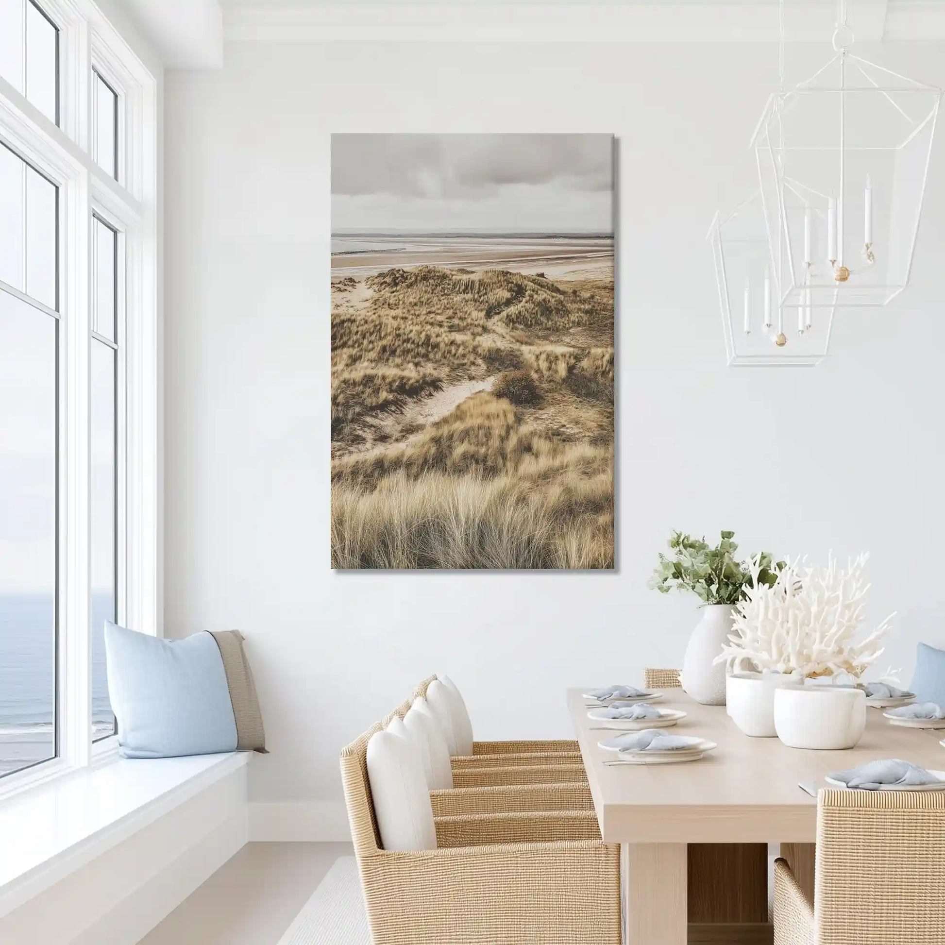 Peaceful sand dune painting with muted hues, ideal for minimalist dining room settings
