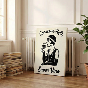 Gallery wrapped canvas depicting a flapper woman with wine glass and bold lettering, perfect for kitchen or bar decor