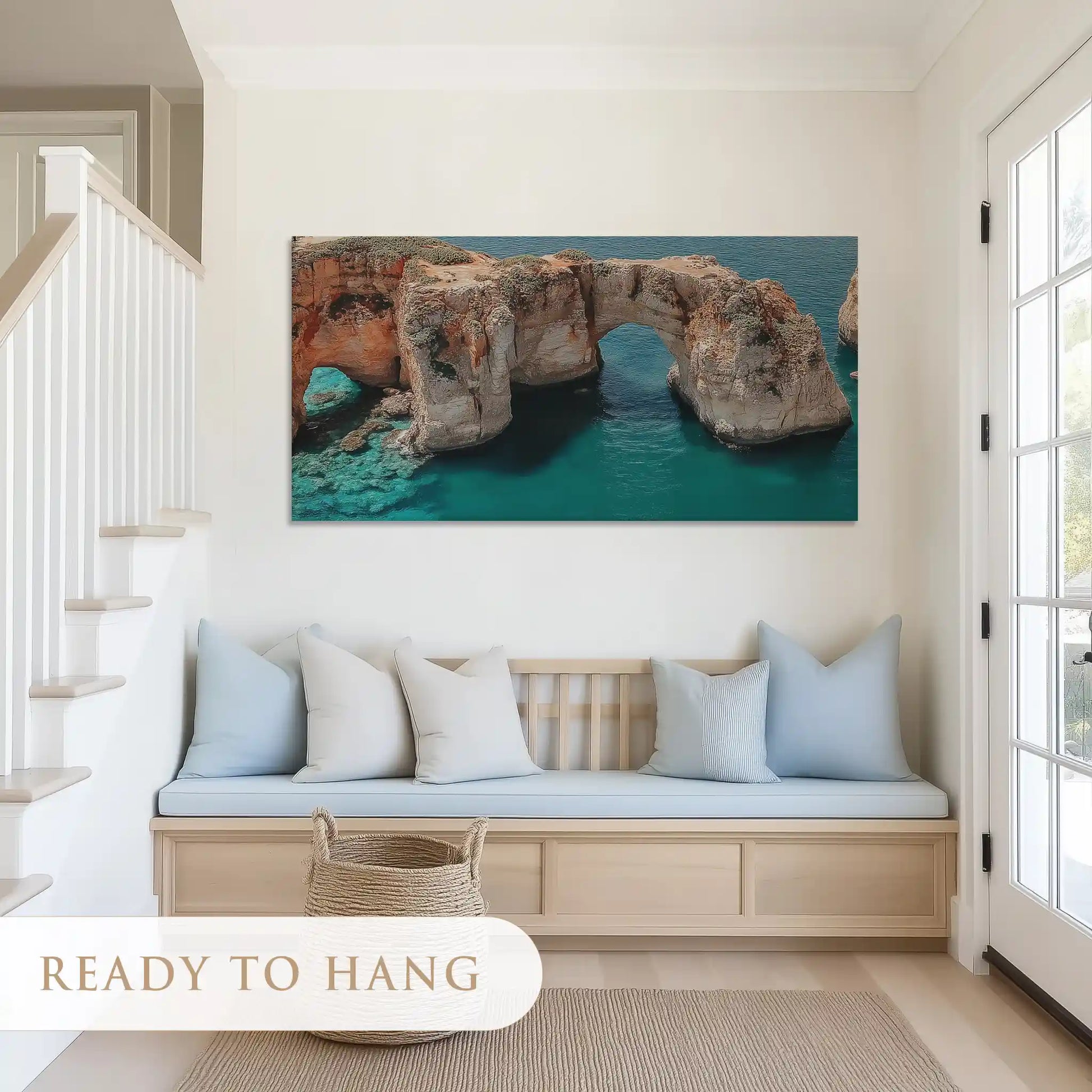 Large nautical cliff canvas art featuring dramatic seaside arch for modern living room walls