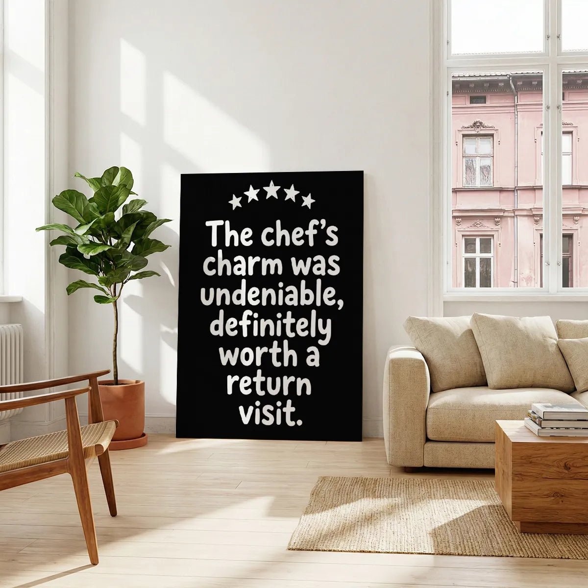 Modern canvas art showcasing a playful quote about a chef, with clean white typography and a stark black background.