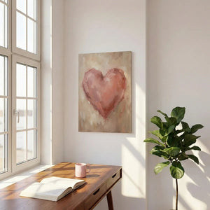 Textured canvas wall art with a centered pink heart painted in expressive strokes over a pastel beige and cream backdrop.