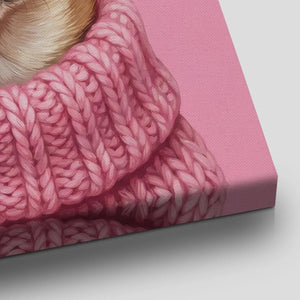 Vertical canvas art of a stylish chihuahua in pink knitwear and red heart-shaped glasses, ideal for youthful spaces