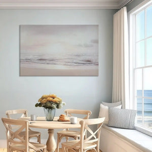 Minimalist shoreline painting captured in canvas art with soft pastel style