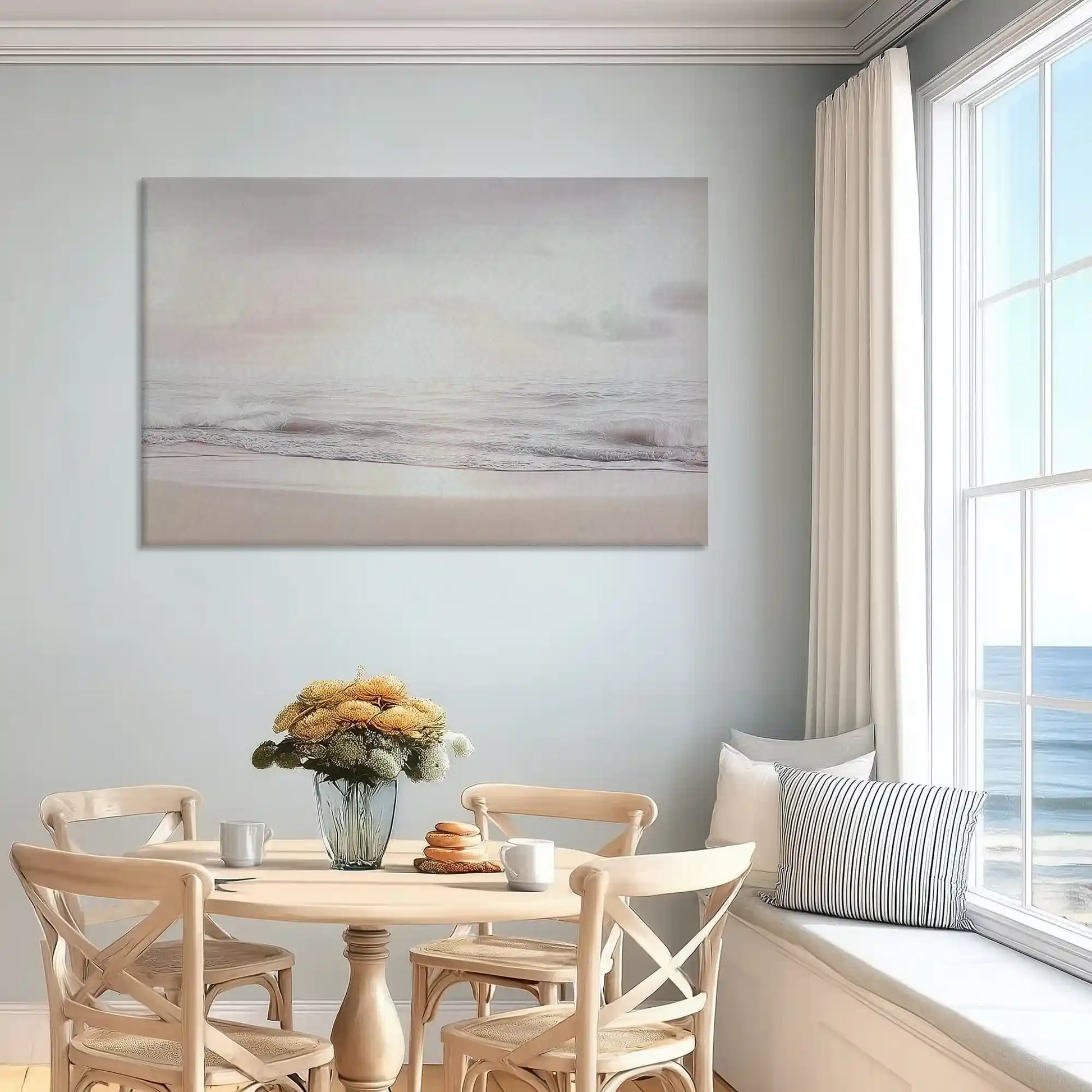 Minimalist shoreline painting captured in canvas art with soft pastel style