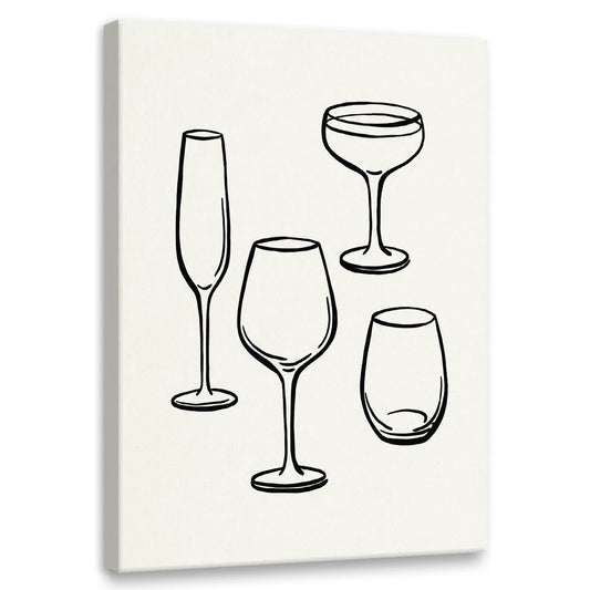 Minimalist canvas wall art featuring outlined drinkware including a champagne flute, wine glass, coupe, and stemless glass.