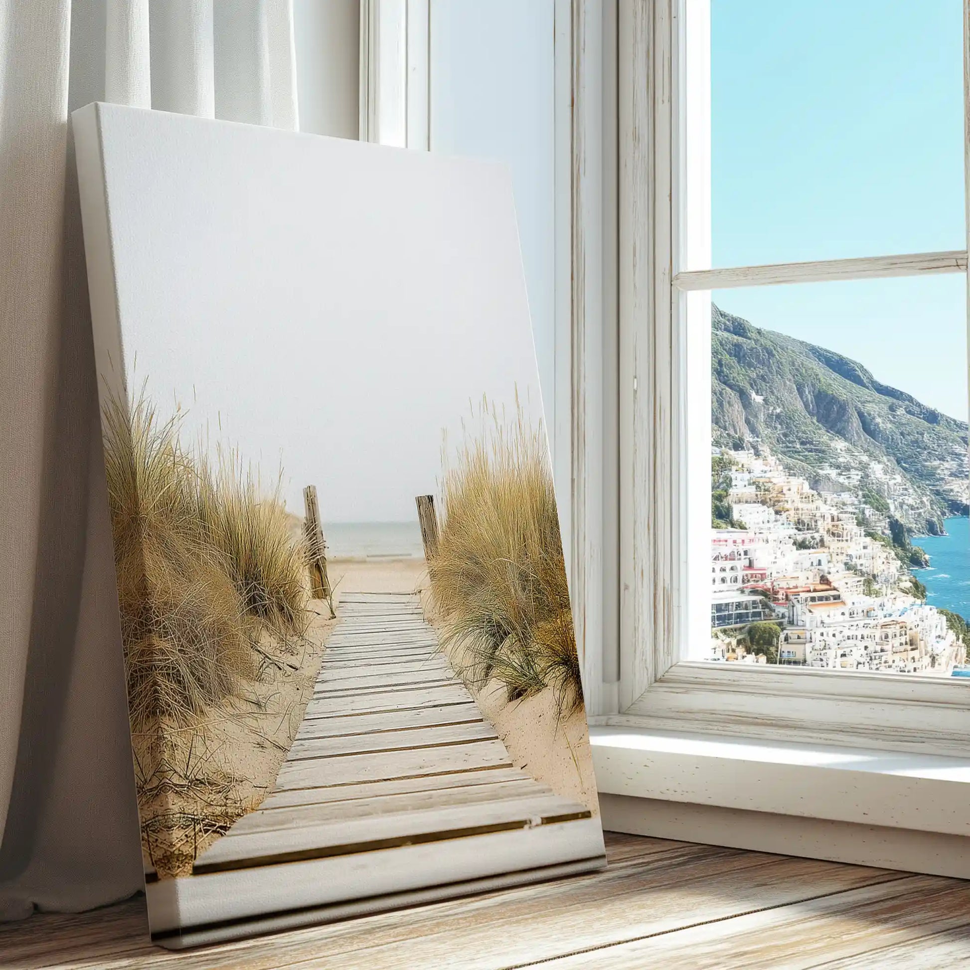 Beach boardwalk captured in a canvas print with modern natural style