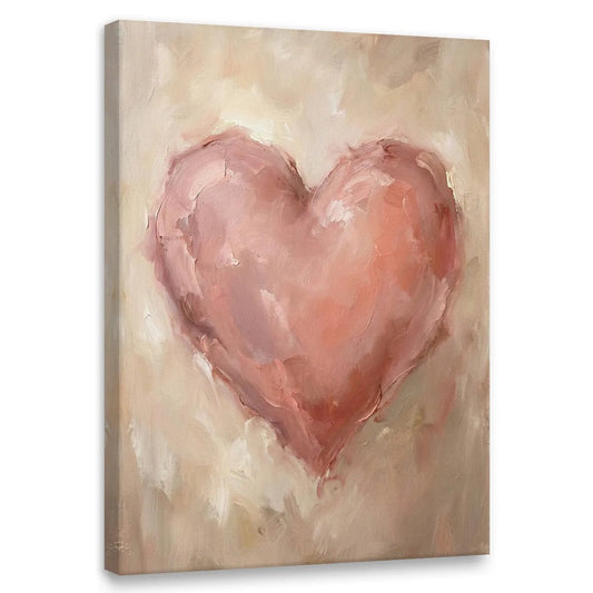 Romantic canvas wall art featuring a large pink heart with soft brushstrokes on a warm neutral background in impressionist style.