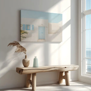 Minimalist coastal house painting captured in canvas art with Mediterranean style