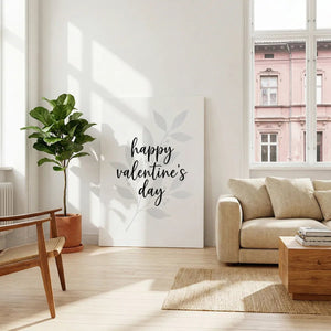 Fine art canvas with calm romantic tones, featuring delicate leaves and berries behind soft black script