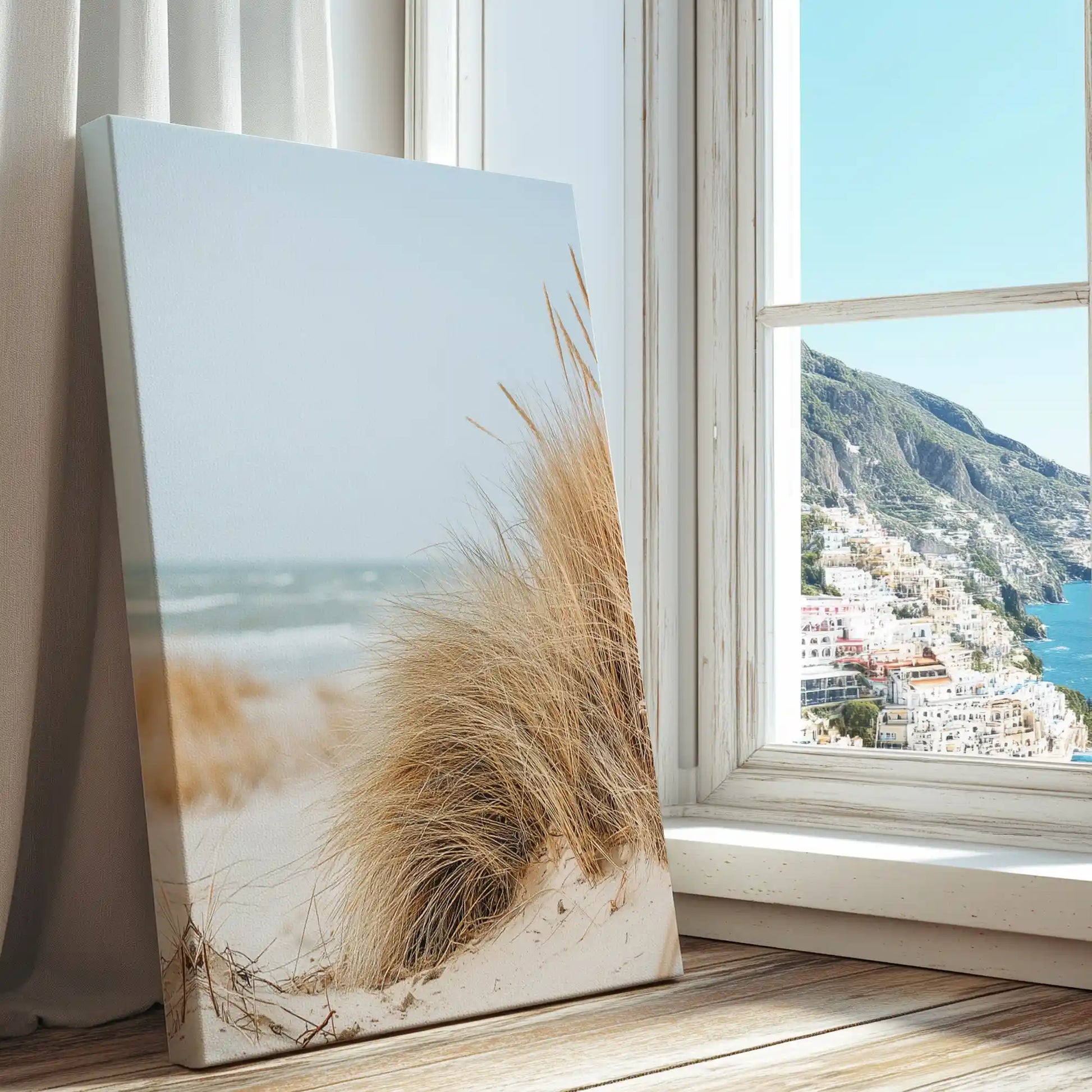 Beach grass and shoreline captured in a canvas print with modern style