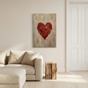 Impressionist-style canvas print featuring a large red heart with painterly texture on a beige and gray backdrop.