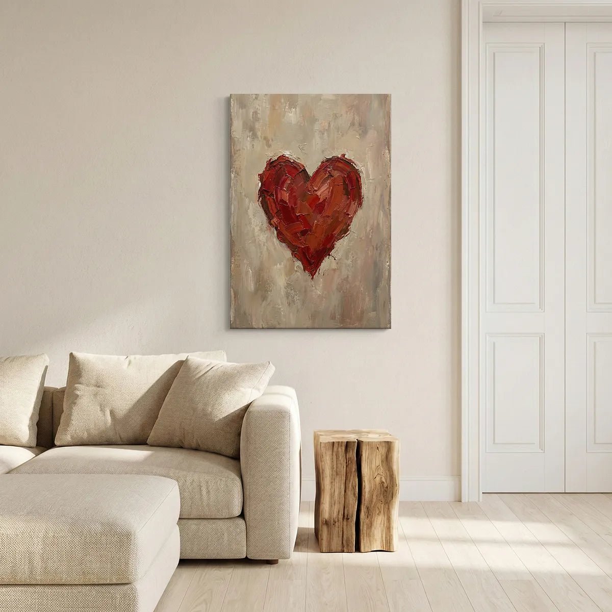 Impressionist-style canvas print featuring a large red heart with painterly texture on a beige and gray backdrop.