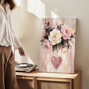 Gallery wrapped canvas showing a floral and heart composition with soft pastel tones and painterly detail