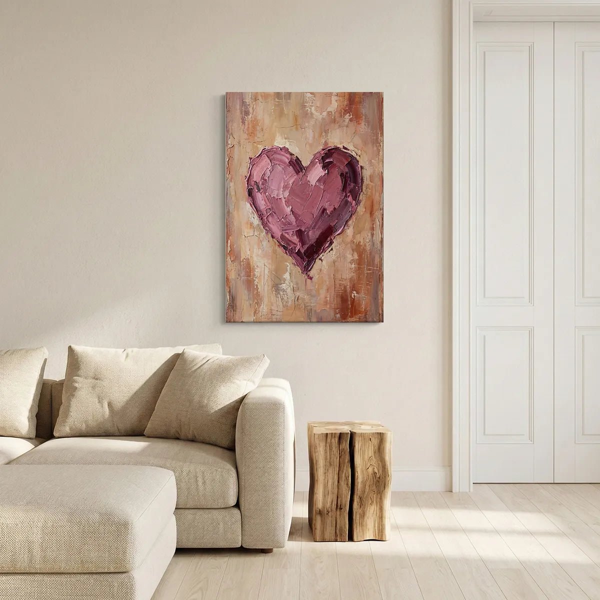 Expressive canvas wall art with a large impasto heart in warm pinks and purples centered on a distressed beige and brown backdrop