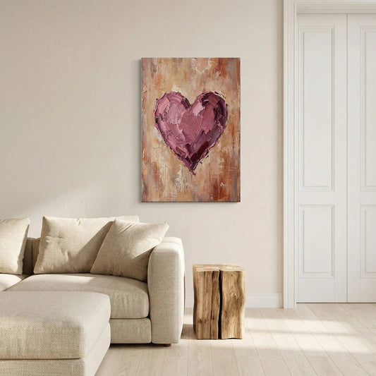 Expressive canvas wall art with a large impasto heart in warm pinks and purples centered on a distressed beige and brown backdrop