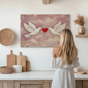 Whimsical canvas wall decor depicting a pair of white doves sharing a red heart in a serene, cloudy pink atmosphere.