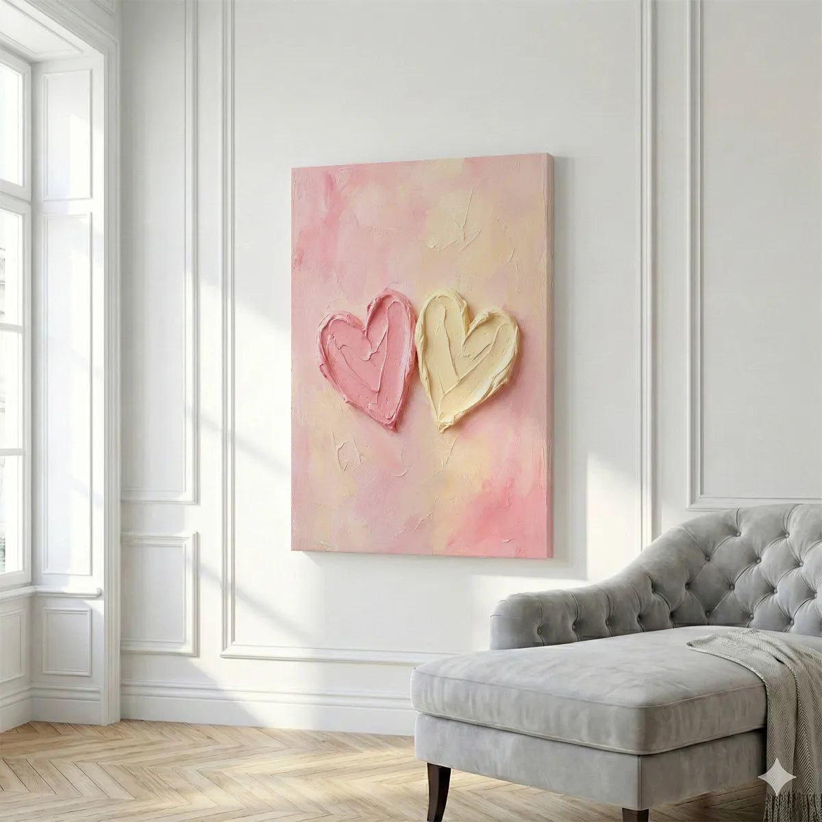 Impressionist-style canvas print showing two layered heart shapes with thick, textured strokes in warm pastel tones.