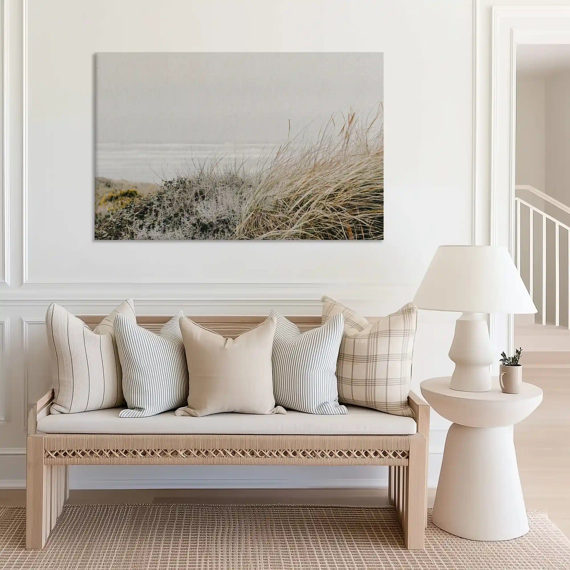 Large coastal dune canvas print perfect for above sofa placement in bright rooms