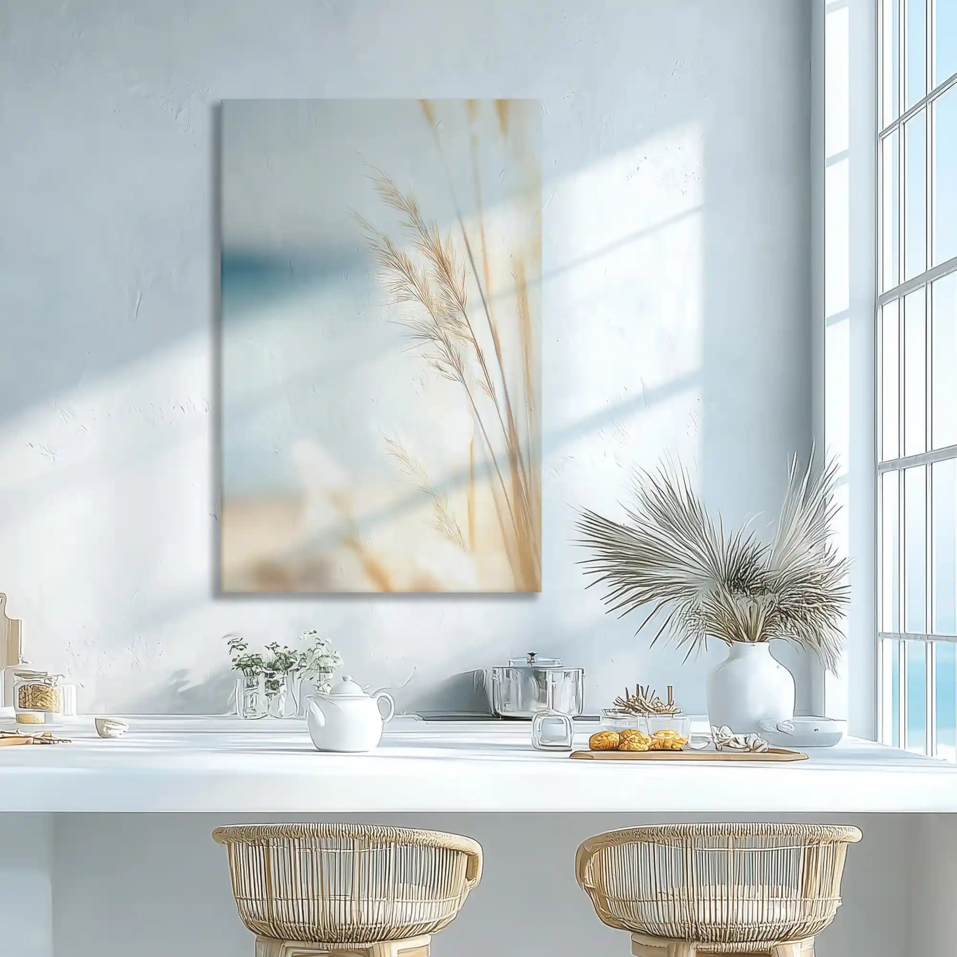 Soft coastal grass wall decor enhancing dining room elegance