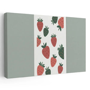 Canvas wall art featuring a centered vertical panel of red and green strawberries with muted sage side panels in a horizontal layout