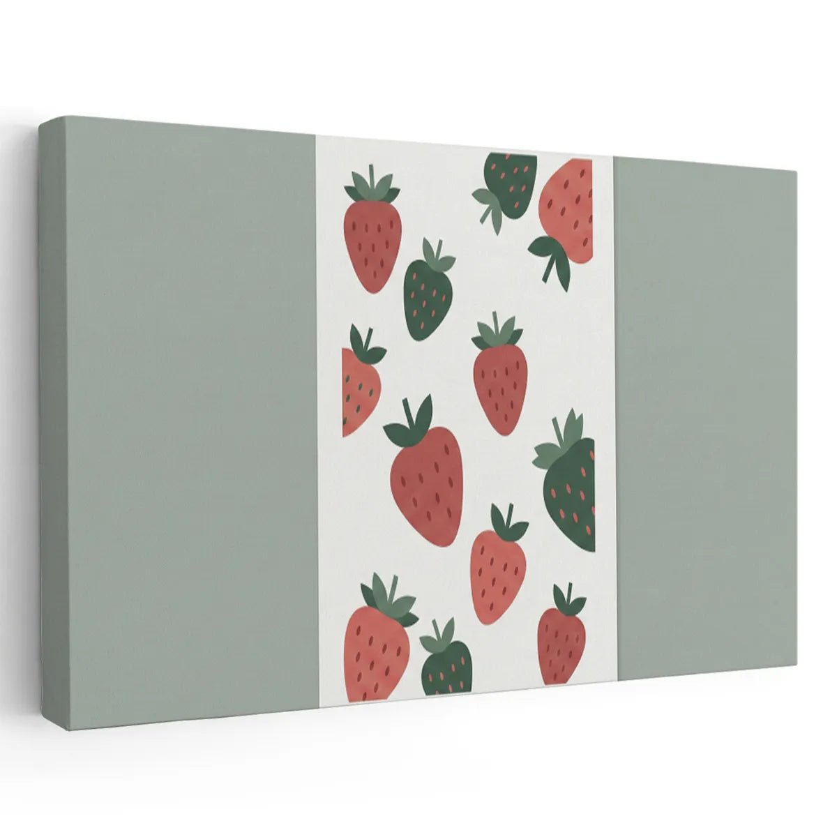 Canvas wall art featuring a centered vertical panel of red and green strawberries with muted sage side panels in a horizontal layout