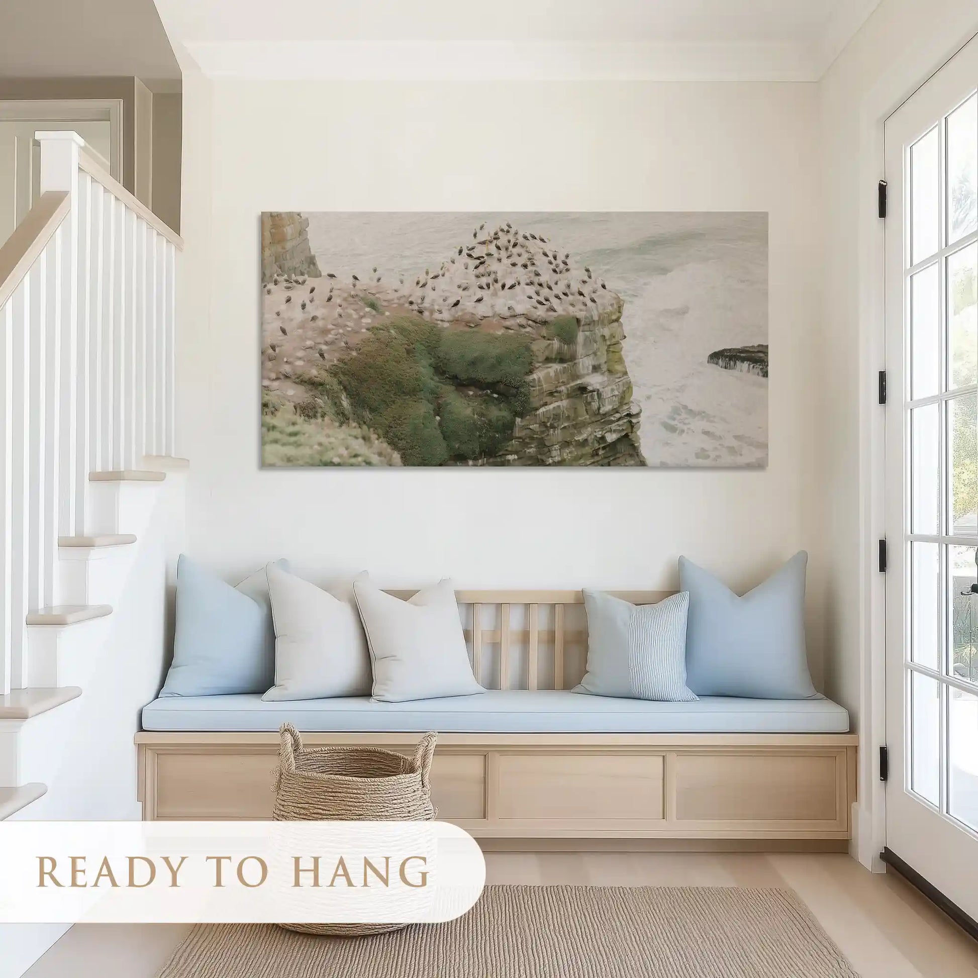Ocean wall art canvas featuring dramatic cliff edges and nesting seabirds in coastal scenery
