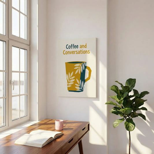 Graphic canvas wall art showing a centered coffee mug with leaf motifs and warm mustard and teal tones, suited to kitchen or café decor