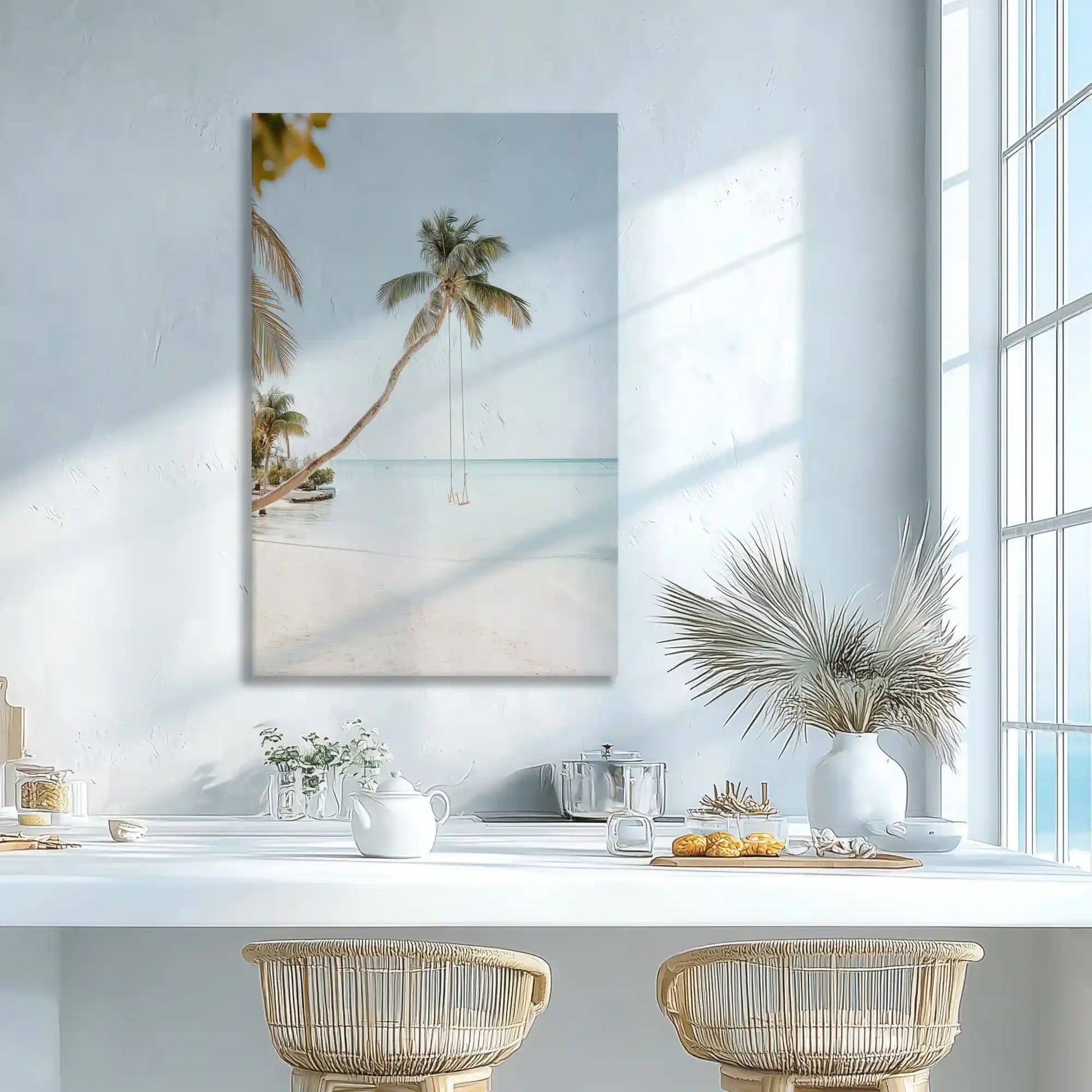 Soft tropical shoreline canvas print adding playful beach charm to modern wall decor