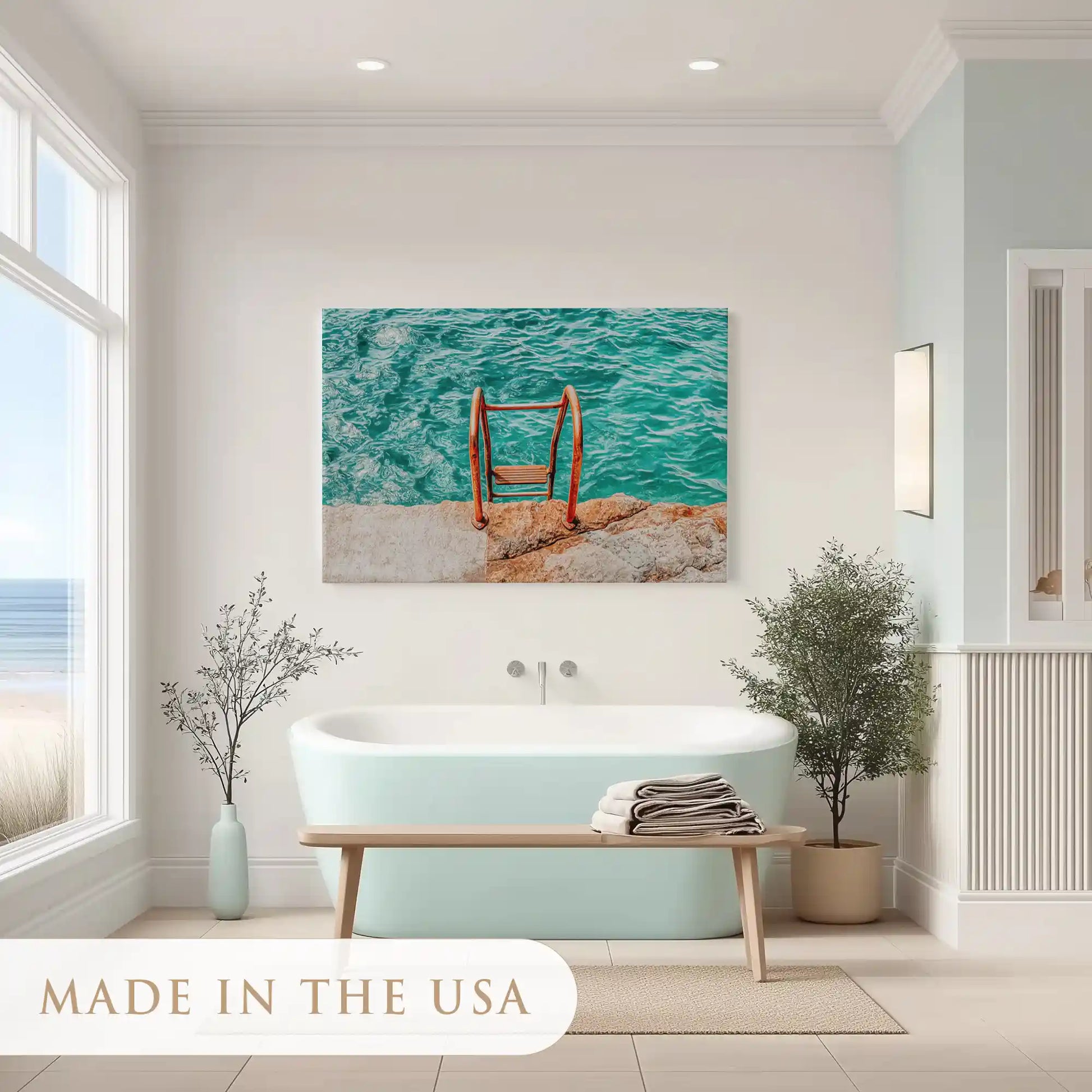 Dynamic turquoise sea painting adding modern coastal charm to contemporary décor