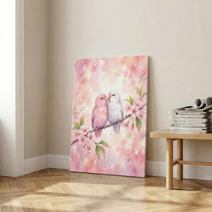 Fine art canvas featuring a tender bird pair on a flowering branch, with pastel tones and a gentle, affectionate atmosphere.