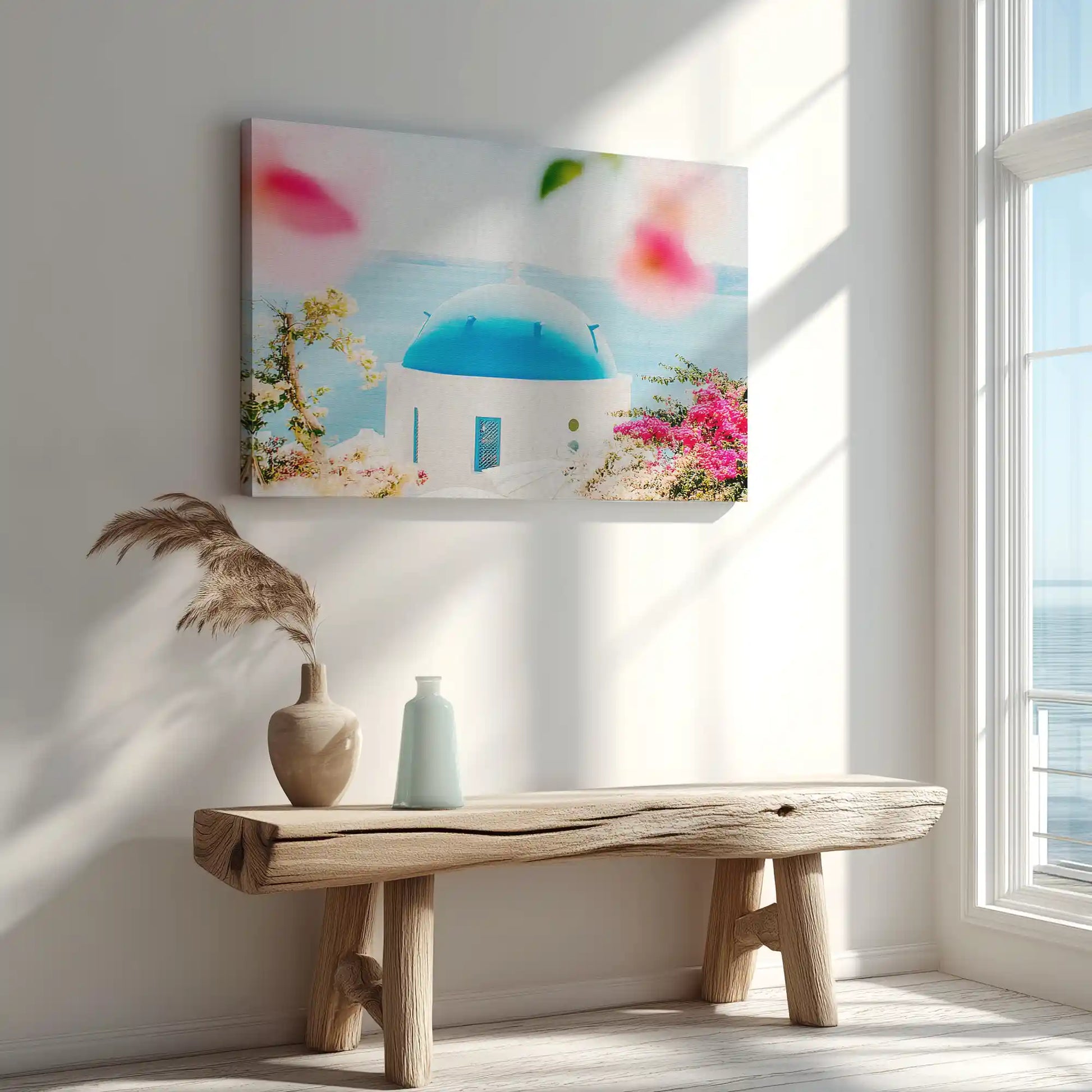 Santorini architecture captured in canvas print with colorful floral accents