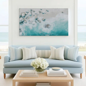 Dynamic aerial beach canvas wall art complementing modern minimalist interiors