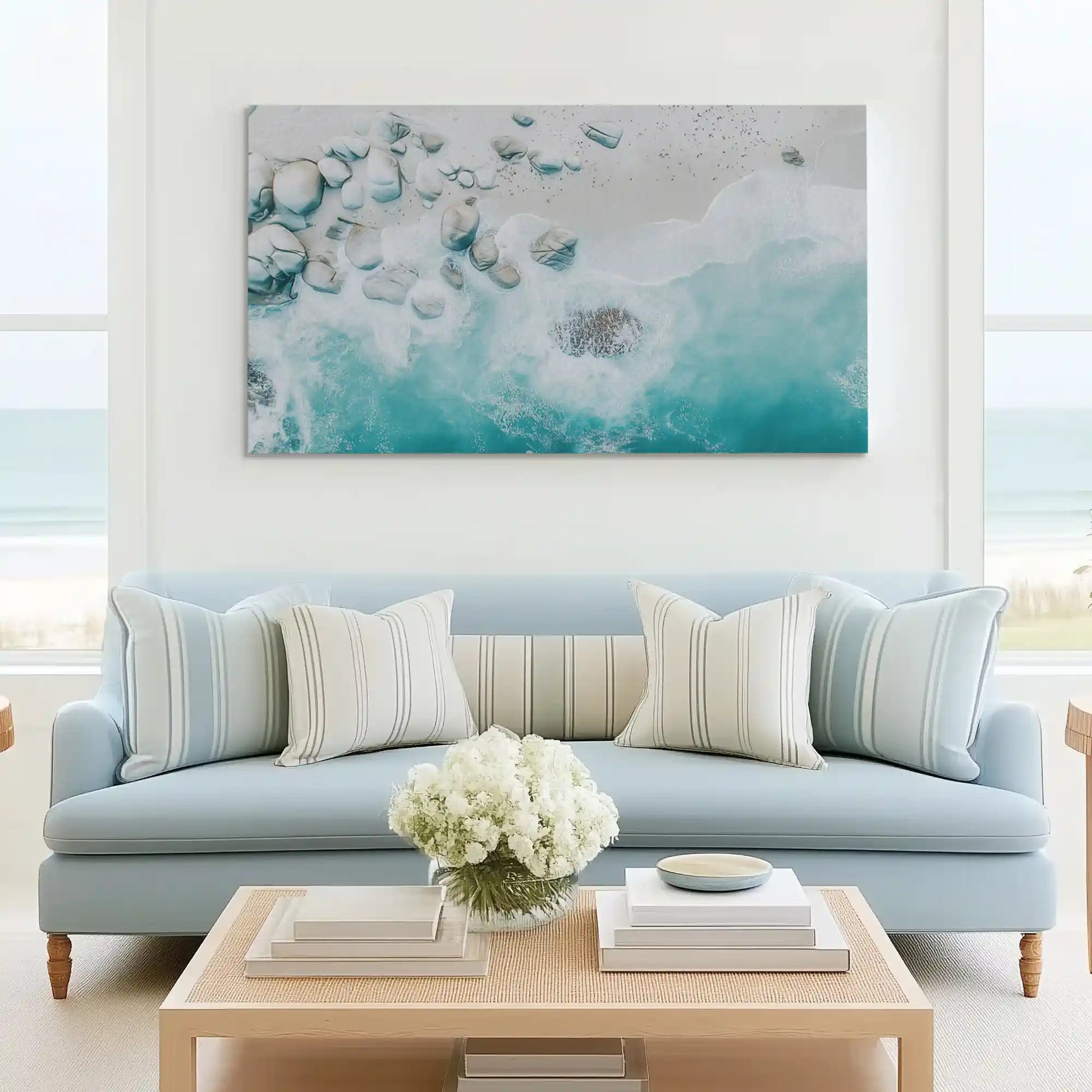 Dynamic aerial beach canvas wall art complementing modern minimalist interiors