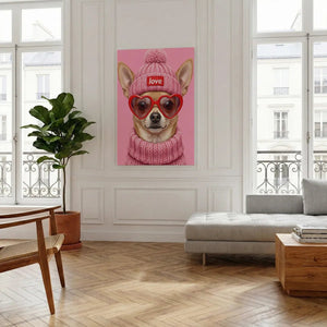 Decorative canvas print of a chihuahua in playful attire with 'love' text on the hat, set against a bright pink background