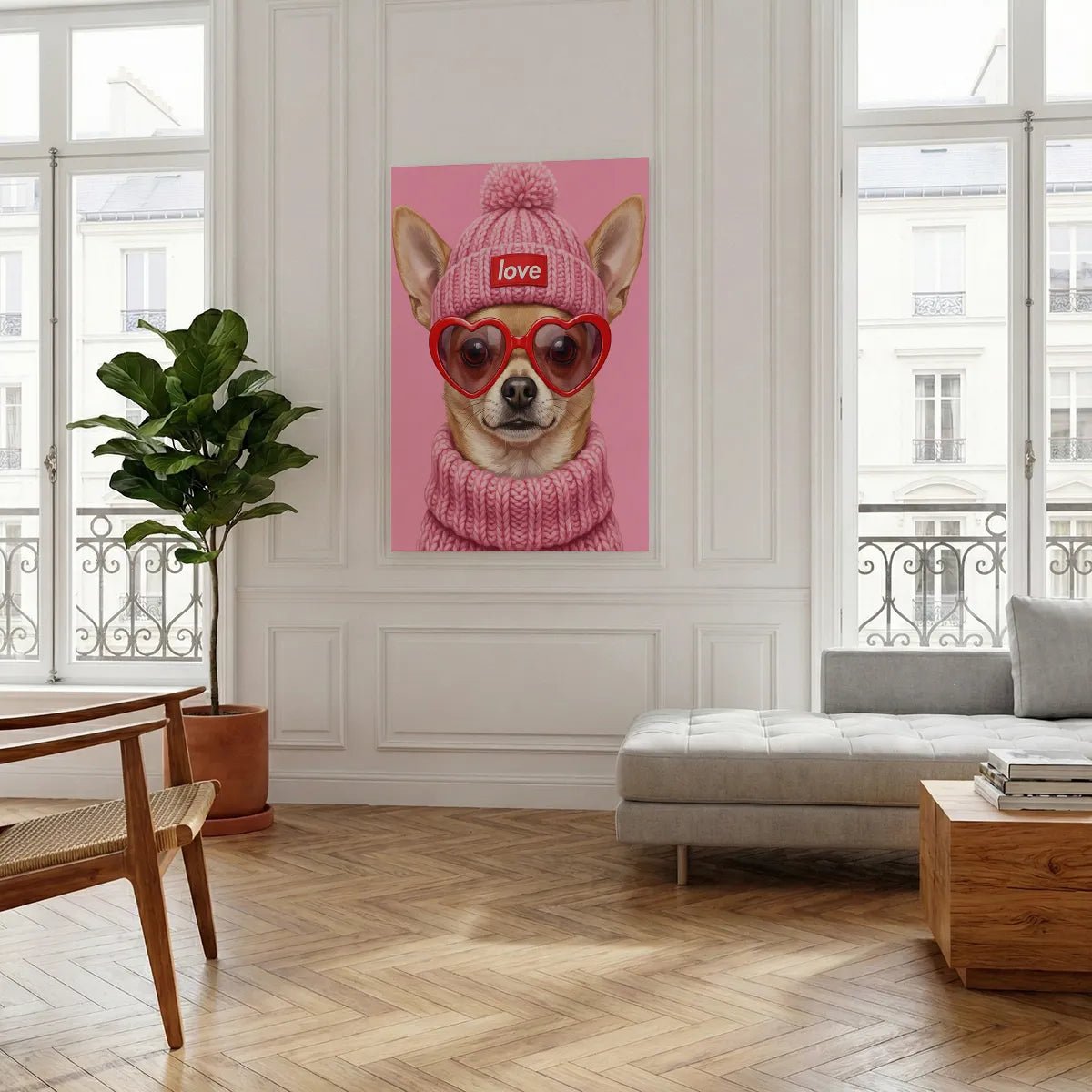 Decorative canvas print of a chihuahua in playful attire with 'love' text on the hat, set against a bright pink background