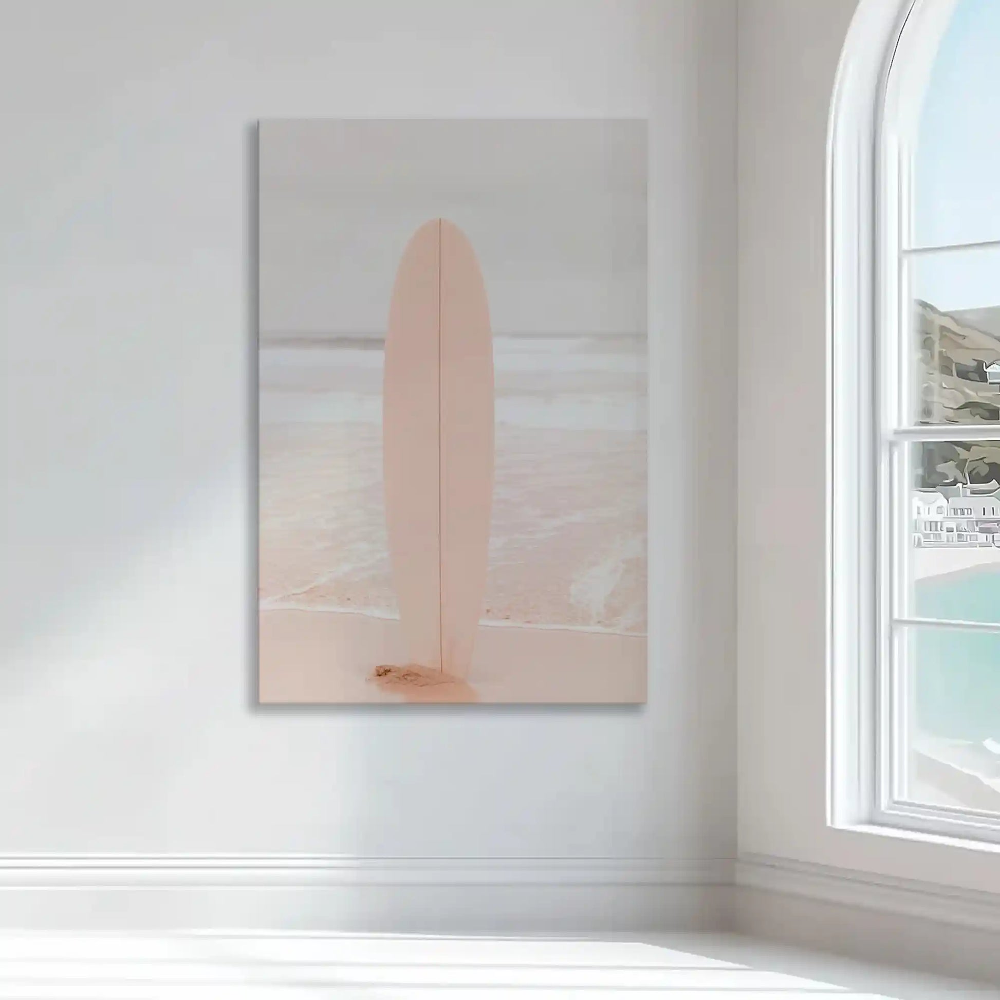 Soft pastel pink surfboard wall art bringing calm beach vibes to interiors