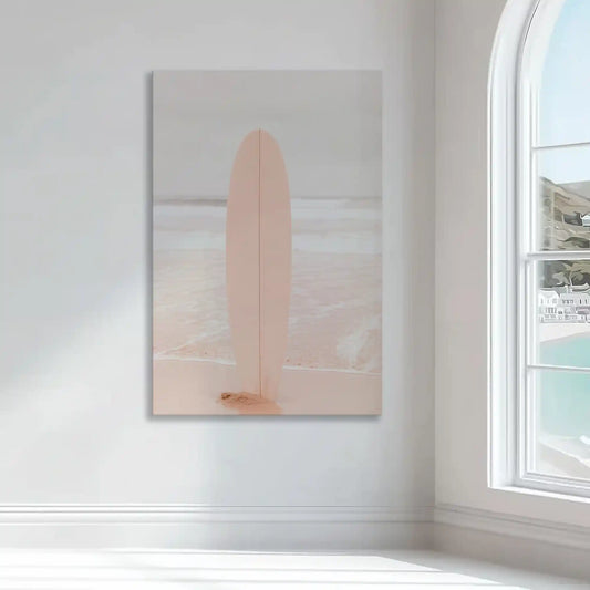 Soft pastel pink surfboard wall art bringing calm beach vibes to interiors