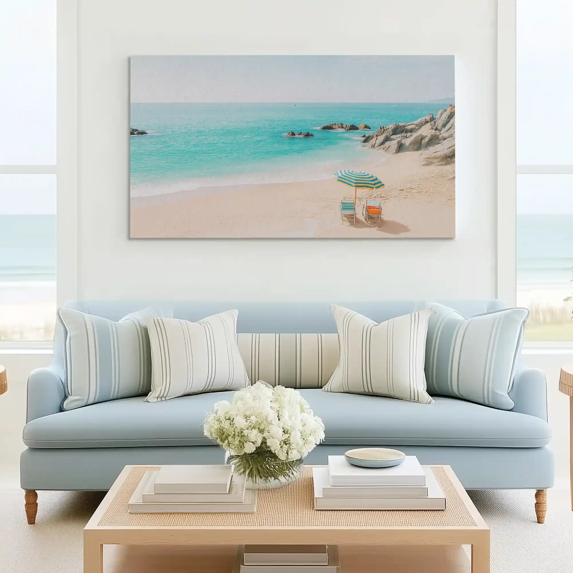 Relaxed oceanfront painting complementing minimalist coastal wall decor style