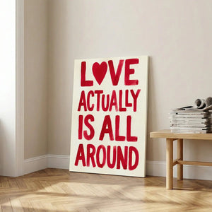 Fine art canvas displaying cheerful hand-painted lettering and heart symbol, ideal for romantic-themed living room decor.