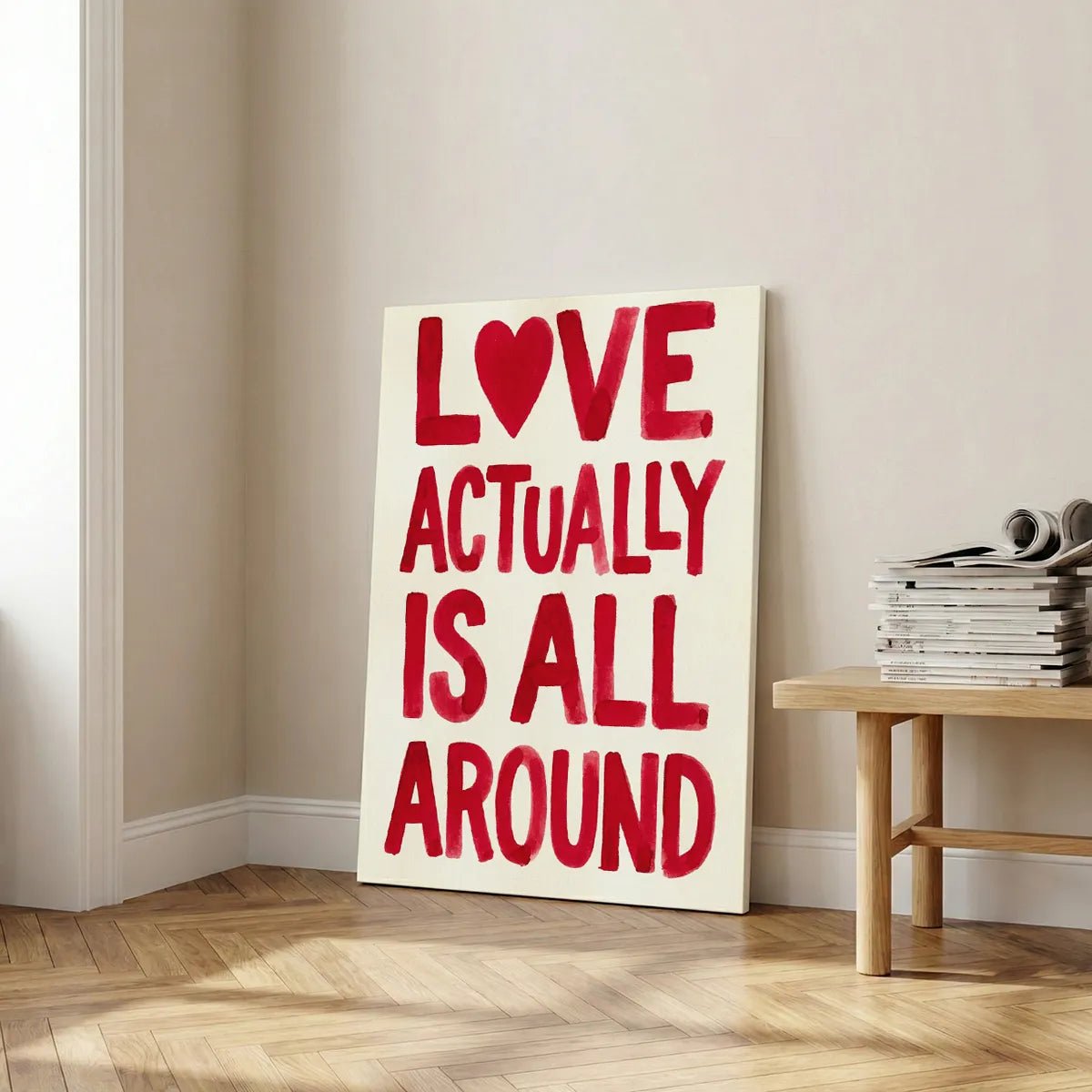 Fine art canvas displaying cheerful hand-painted lettering and heart symbol, ideal for romantic-themed living room decor.