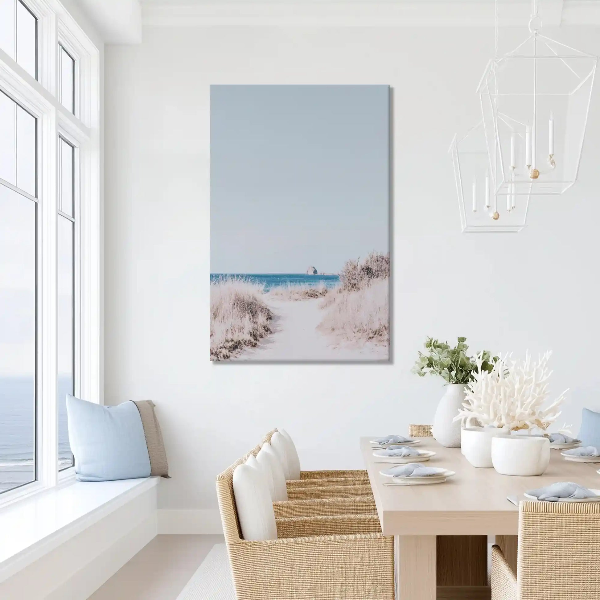 Oversized beach walkway canvas wall art for calming bathroom retreat