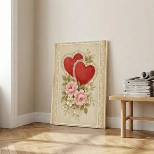 Vintage canvas print showcasing ornate red hearts and soft floral elements in a hand-painted style with a sentimental tone.