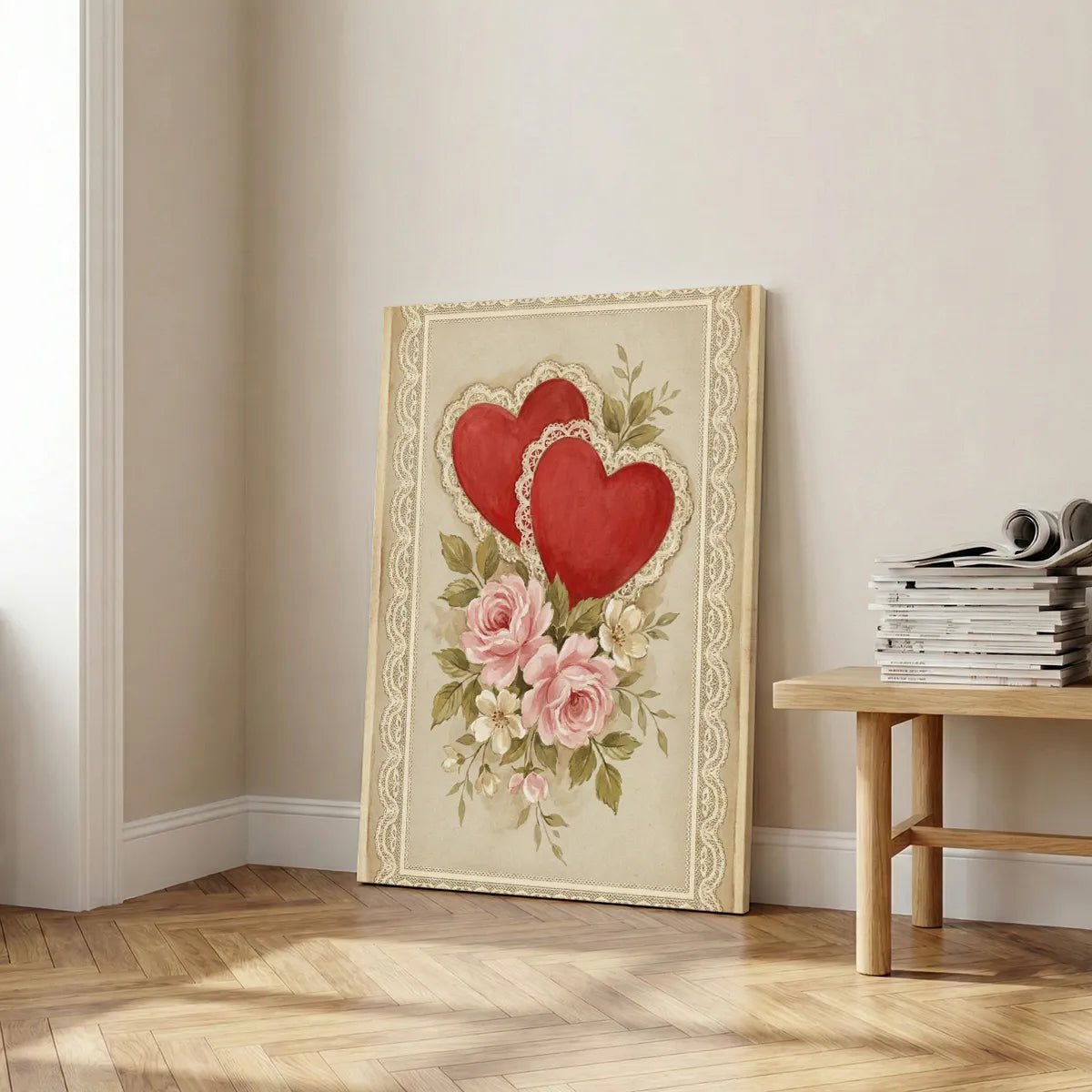 Vintage canvas print showcasing ornate red hearts and soft floral elements in a hand-painted style with a sentimental tone.